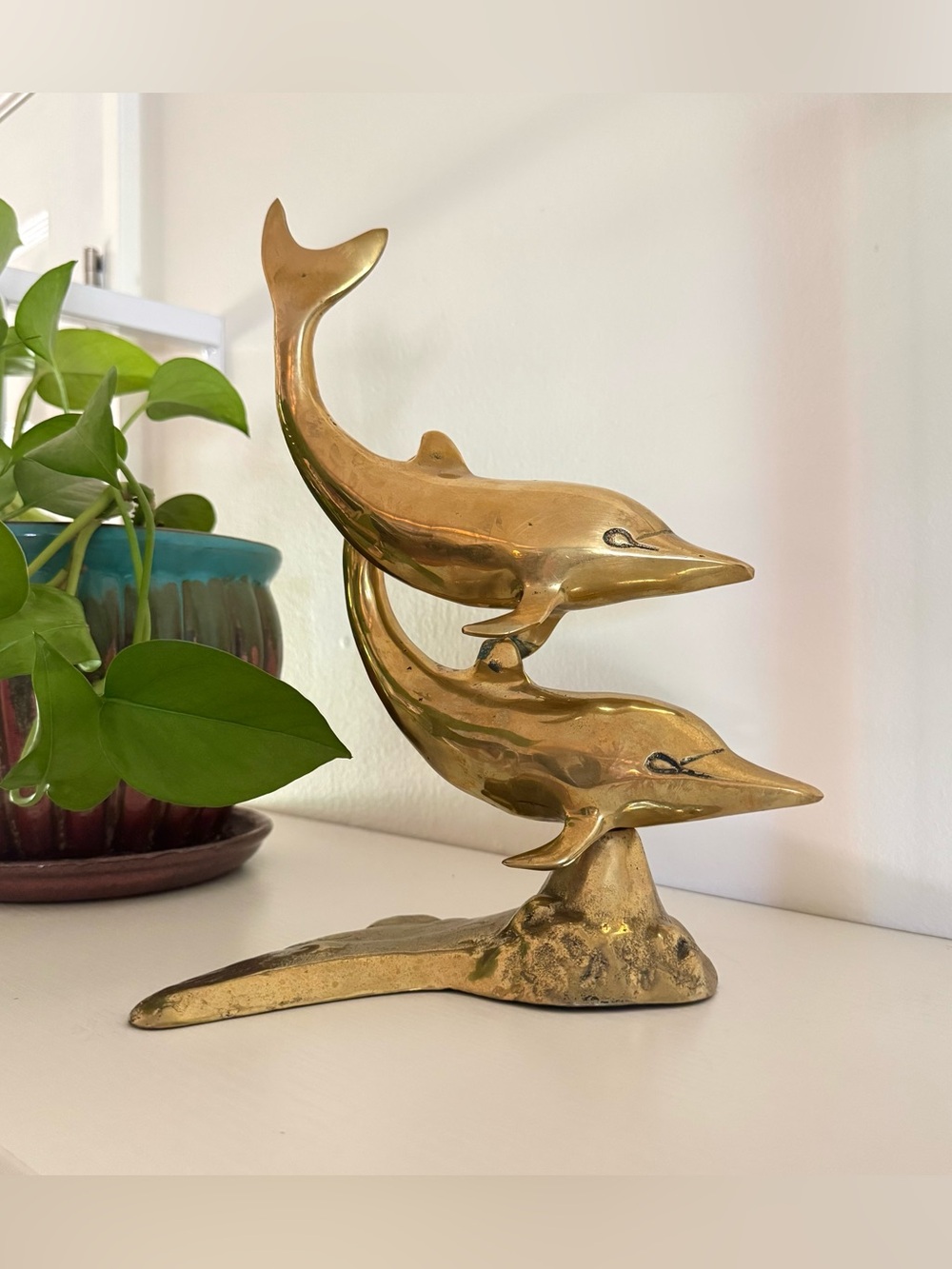 Vintage Solid Brass Double Dolphin Sculpture / Mid Century Coastal Decor